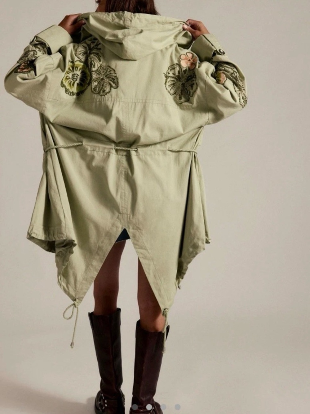 Free People We The Free Davy Jones Parka Hood Embroidery Bead Floral Sage - Picture 2 of 8